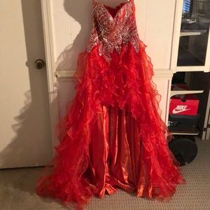 Blood orange short front train back frilly dress